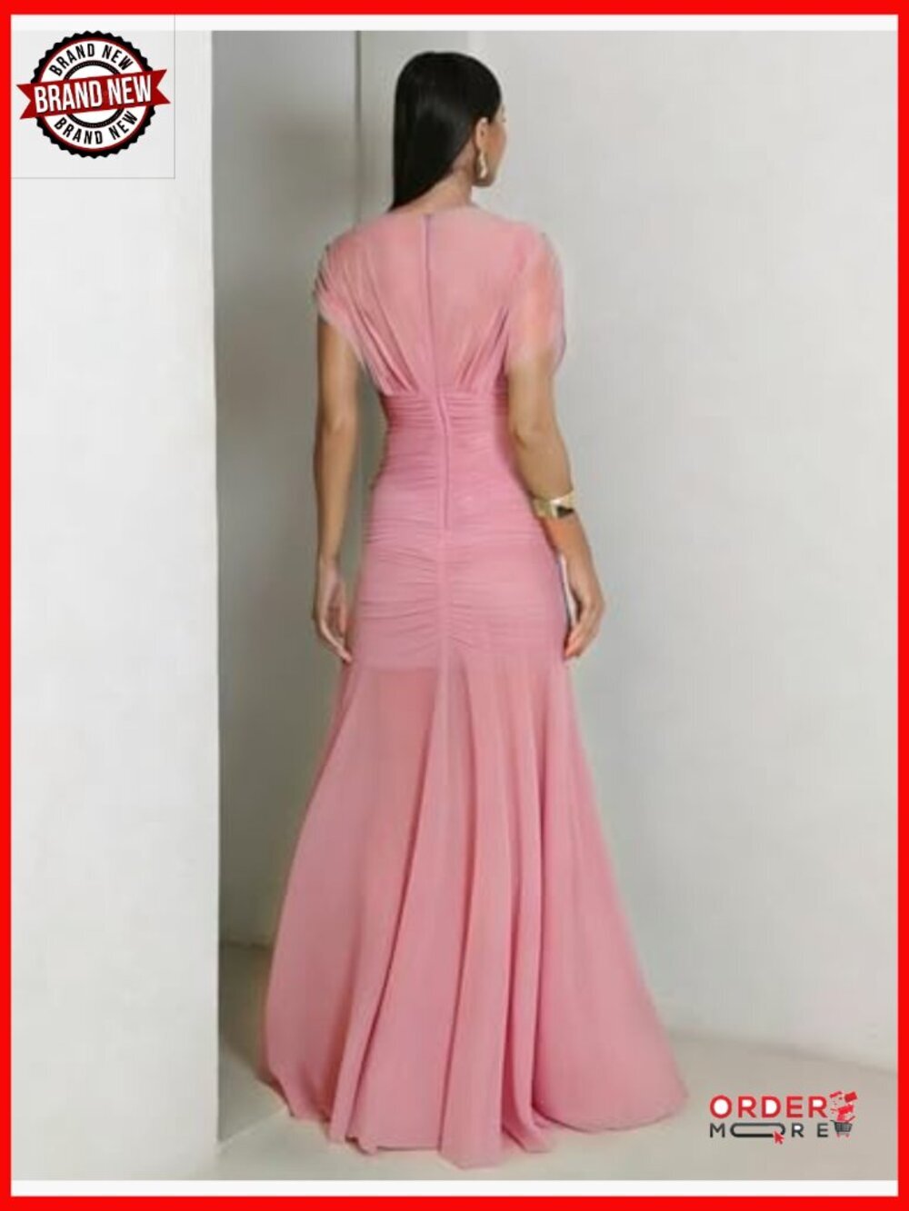 Elegant Formal V Neck Mesh Cap Sleeve Bodycon Ruched Ruffle Hem Long Maxi Dress - Picture 2 of 7
